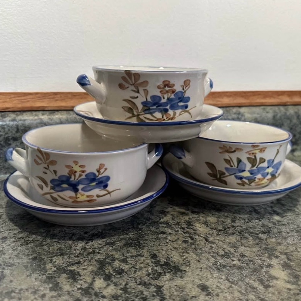 Blue Floral Ceramic Soup Bowls with Saucers - Set of 3